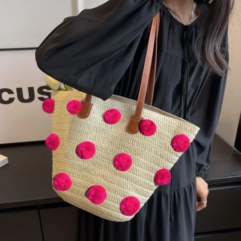 SHIRALEAH • Klo Pom Pom Straw Tote Beach Bohemian Shopper Bag - Picture 8 of 8
